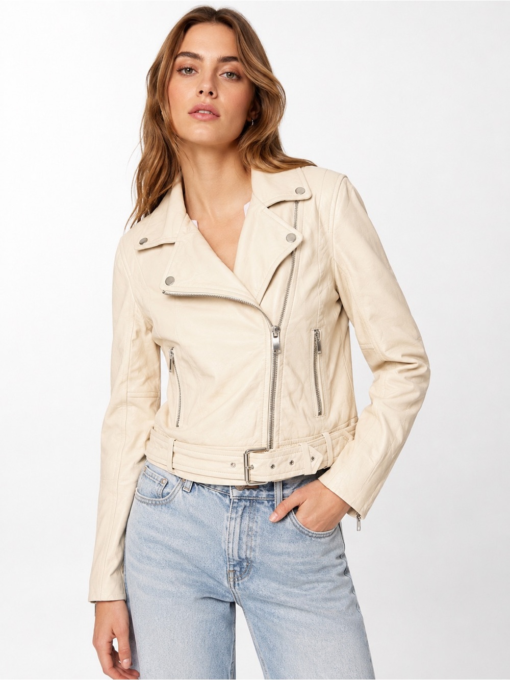 Stradivarius Real Leather Cream Moto Jacket NWT Small Ivory Biker Jacket